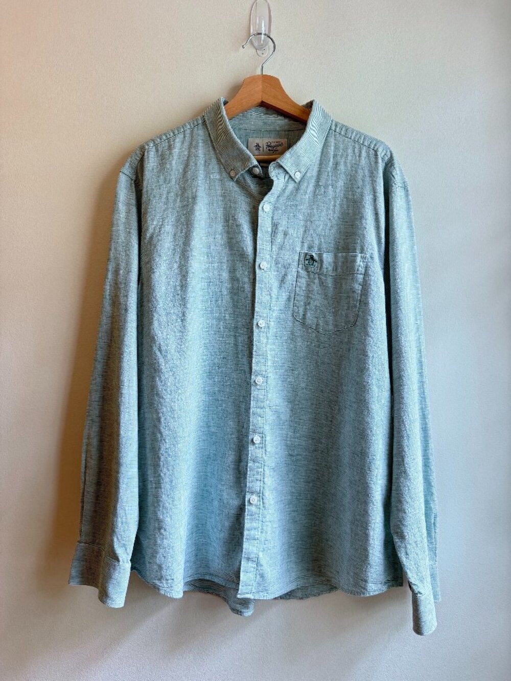Original Penguin Mens Green Striped Button Down Shirt XXL Linen Cotton Blend